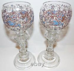 Vintage Pair Fritz Heckert Art Glass Face Blue Bird Enamel 7 1/4 Wine Glasses