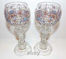 Vintage Pair Fritz Heckert Art Glass Face Blue Bird Enamel 7 1/4 Wine Glasses