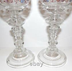 Vintage Pair Fritz Heckert Art Glass Face Blue Bird Enamel 7 1/4 Wine Glasses