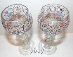 Vintage Pair Fritz Heckert Art Glass Face Blue Bird Enamel 7 1/4 Wine Glasses