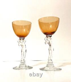 Vintage Pair of Cambridge Glass Nude Stem Amber Cordial Wine Glasses Goblets