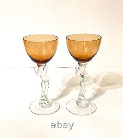 Vintage Pair of Cambridge Glass Nude Stem Amber Cordial Wine Glasses Goblets