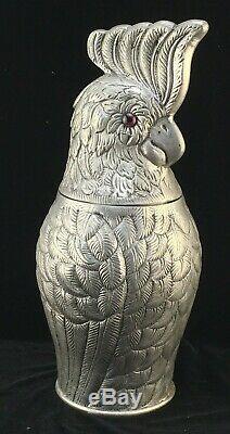 Vintage Pewter Cockatoo Wine Chiller Cooler Ice Bucket with Purple Glass Eyes