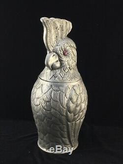Vintage Pewter Cockatoo Wine Chiller Cooler Ice Bucket with Purple Glass Eyes
