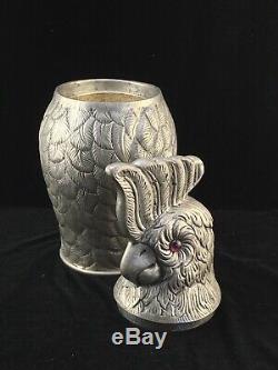 Vintage Pewter Cockatoo Wine Chiller Cooler Ice Bucket with Purple Glass Eyes