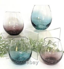 Vintage Pier 1 Crackle Stemless Wine Glasses Teal / Purple Colored Glass 4 Set