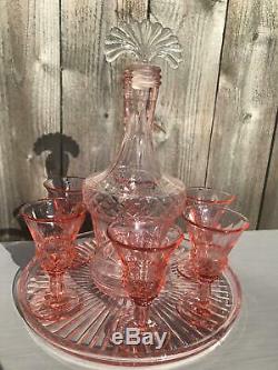 Vintage Pink Depression Glass Decanter wine glasses tray set 9 pc BOHO Barware