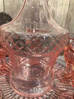 Vintage Pink Depression Glass Decanter wine glasses tray set 9 pc BOHO Barware