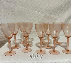 Vintage Pink Depression Stemmed Water/Wine Glasses etched florals