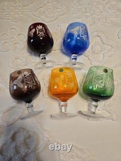 Vintage Polish Crystal Cut to Clear Colored Set of 5 Wine Stem Glasses