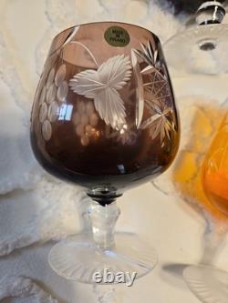 Vintage Polish Crystal Cut to Clear Colored Set of 5 Wine Stem Glasses