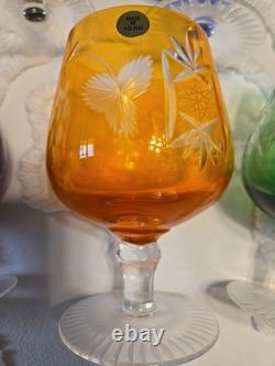 Vintage Polish Crystal Cut to Clear Colored Set of 5 Wine Stem Glasses