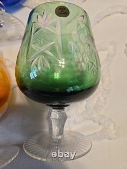 Vintage Polish Crystal Cut to Clear Colored Set of 5 Wine Stem Glasses