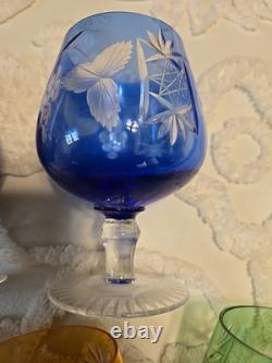 Vintage Polish Crystal Cut to Clear Colored Set of 5 Wine Stem Glasses