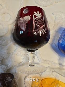 Vintage Polish Crystal Cut to Clear Colored Set of 5 Wine Stem Glasses