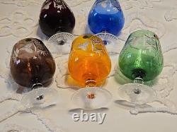 Vintage Polish Crystal Cut to Clear Colored Set of 5 Wine Stem Glasses