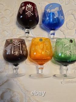 Vintage Polish Crystal Cut to Clear Colored Set of 5 Wine Stem Glasses