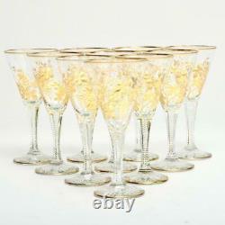 Vintage Poss. Antique Set Of 10 Intaglio & Gilt Wine Glasses Style Of Moser