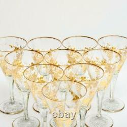 Vintage Poss. Antique Set Of 10 Intaglio & Gilt Wine Glasses Style Of Moser