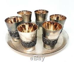 Vintage RUSSIAN VODKA SHOT GLASS SET 6pcs Scan filigree &tray WINE SET USSR 1988