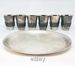 Vintage RUSSIAN VODKA SHOT GLASS SET 6pcs Scan filigree &tray WINE SET USSR 1988