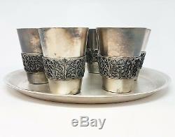 Vintage RUSSIAN VODKA SHOT GLASS SET 6pcs Scan filigree &tray WINE SET USSR 1988