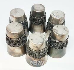 Vintage RUSSIAN VODKA SHOT GLASS SET 6pcs Scan filigree &tray WINE SET USSR 1988