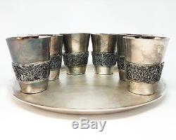 Vintage RUSSIAN VODKA SHOT GLASS SET 6pcs Scan filigree &tray WINE SET USSR 1988