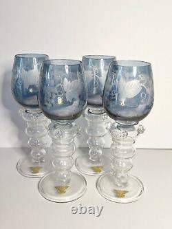 Vintage Rare Blue Gullaskruf Etched Crystal wine Glasses. Set of 4 Stunning