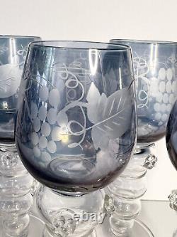 Vintage Rare Blue Gullaskruf Etched Crystal wine Glasses. Set of 4 Stunning