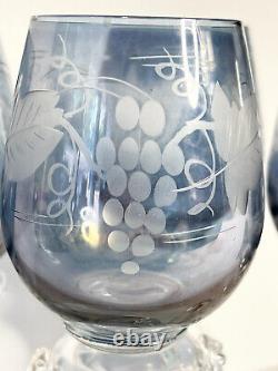 Vintage Rare Blue Gullaskruf Etched Crystal wine Glasses. Set of 4 Stunning