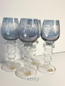 Vintage Rare Blue Gullaskruf Etched Crystal wine Glasses. Set of 4 Stunning