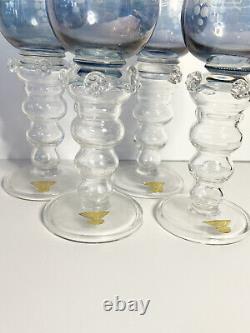 Vintage Rare Blue Gullaskruf Etched Crystal wine Glasses. Set of 4 Stunning