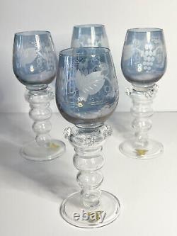 Vintage Rare Blue Gullaskruf Etched Crystal wine Glasses. Set of 4 Stunning