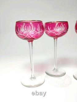 Vintage Red Cranberry Crystal Wine Glasses Cut To Clear with Gold Rim 7 Set of 4