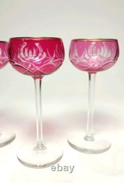 Vintage Red Cranberry Crystal Wine Glasses Cut To Clear with Gold Rim 7 Set of 4