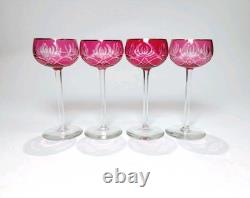 Vintage Red Cranberry Crystal Wine Glasses Cut To Clear with Gold Rim 7 Set of 4