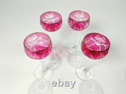 Vintage Red Cranberry Crystal Wine Glasses Cut To Clear with Gold Rim 7 Set of 4