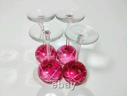 Vintage Red Cranberry Crystal Wine Glasses Cut To Clear with Gold Rim 7 Set of 4