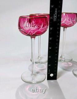 Vintage Red Cranberry Crystal Wine Glasses Cut To Clear with Gold Rim 7 Set of 4