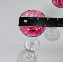 Vintage Red Cranberry Crystal Wine Glasses Cut To Clear with Gold Rim 7 Set of 4