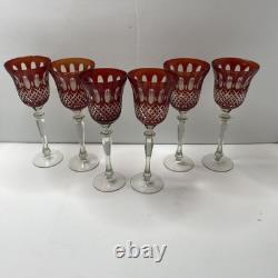 Vintage Red Cut to Clear Crystal Wine Glass 10 Tall set of 6