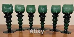Vintage Roemer German Wine Goblets, Dark Green With Etched Grape Leaves, Set Of 6