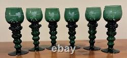Vintage Roemer German Wine Goblets, Dark Green With Etched Grape Leaves, Set Of 6