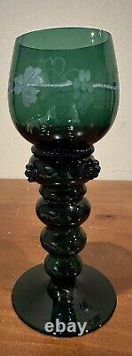 Vintage Roemer German Wine Goblets, Dark Green With Etched Grape Leaves, Set Of 6