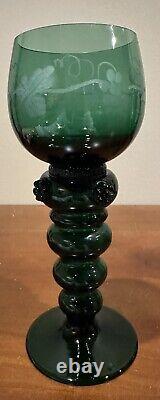 Vintage Roemer German Wine Goblets, Dark Green With Etched Grape Leaves, Set Of 6
