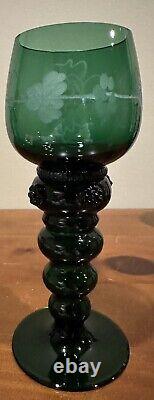 Vintage Roemer German Wine Goblets, Dark Green With Etched Grape Leaves, Set Of 6