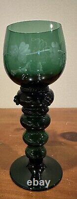Vintage Roemer German Wine Goblets, Dark Green With Etched Grape Leaves, Set Of 6