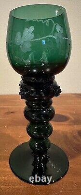 Vintage Roemer German Wine Goblets, Dark Green With Etched Grape Leaves, Set Of 6
