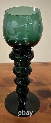 Vintage Roemer German Wine Goblets, Dark Green With Etched Grape Leaves, Set Of 6